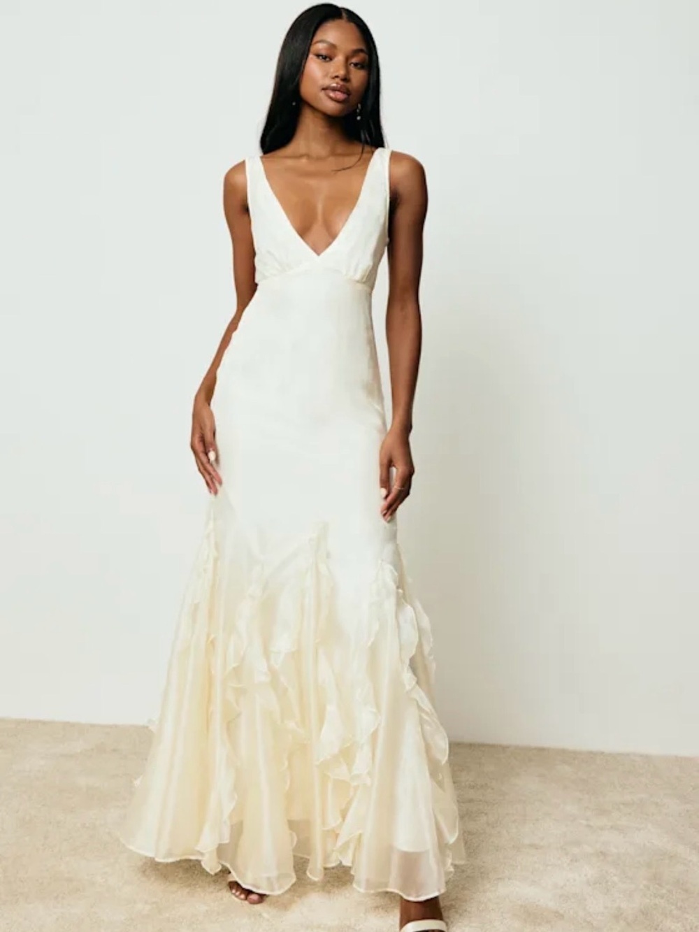 Lulu's Cream V-Neck Ruffled Hem Maxi Dress Wedding